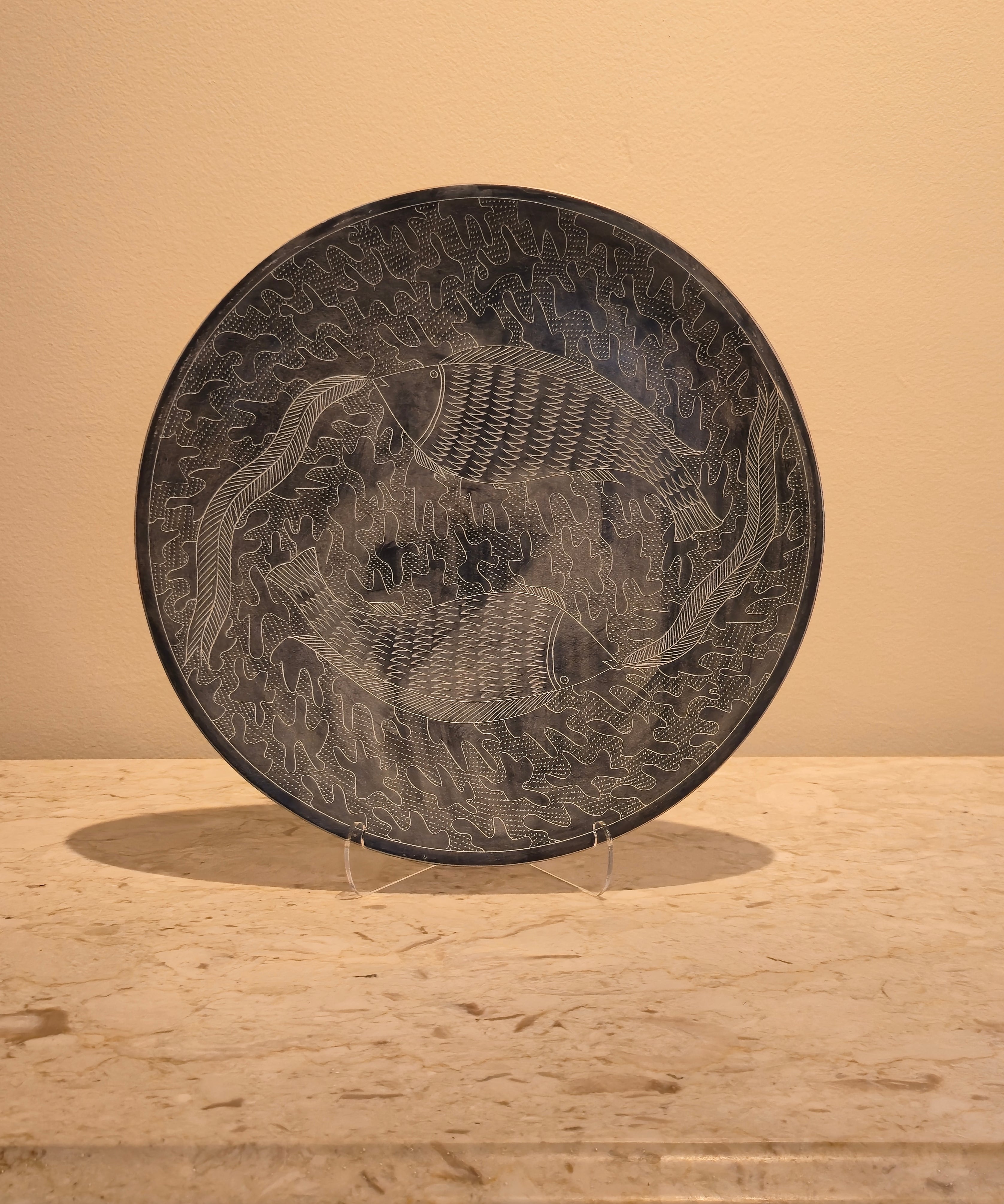 Etched Stone Fish Platter, vintage