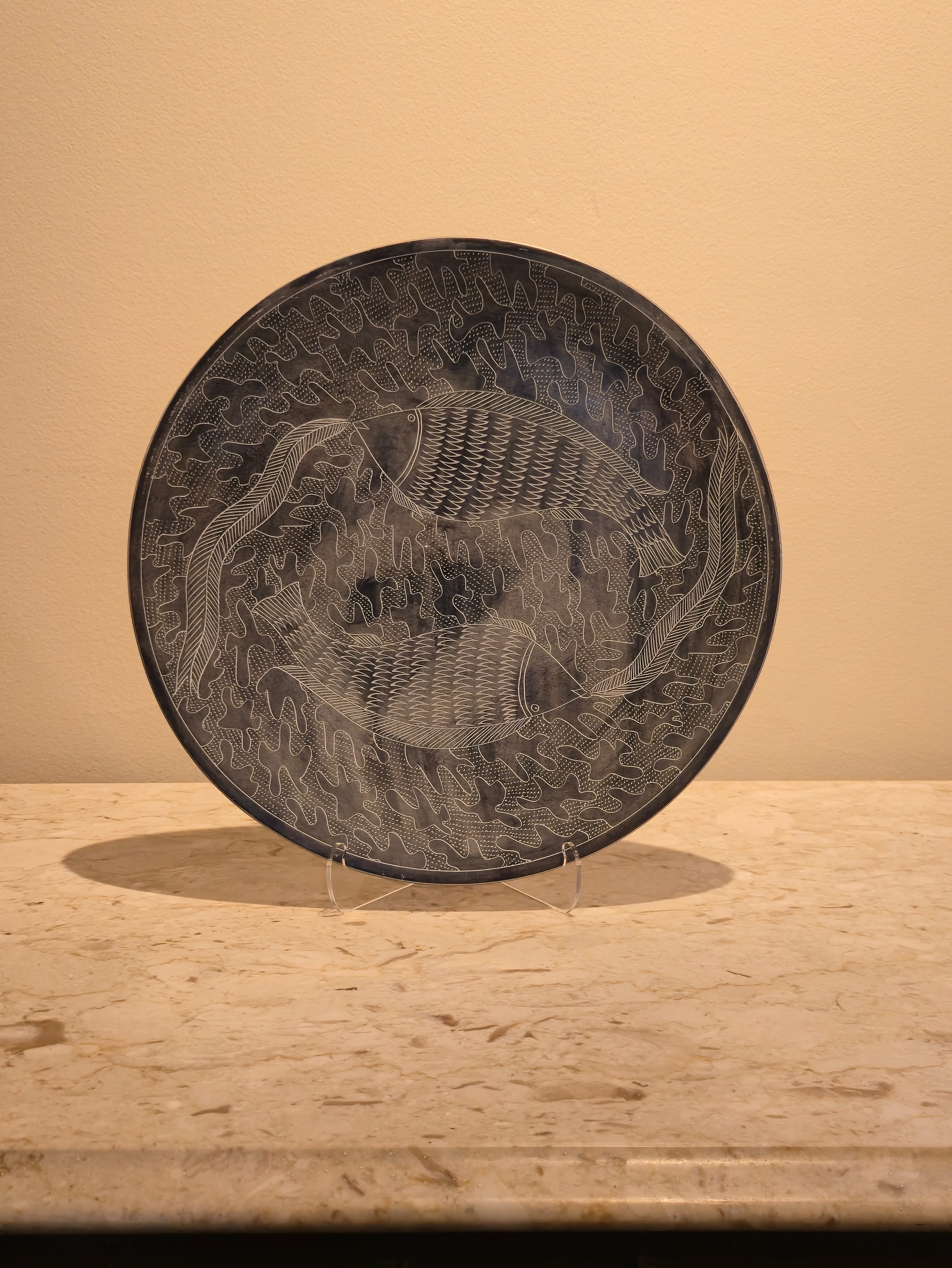 Etched Stone Fish Platter, vintage