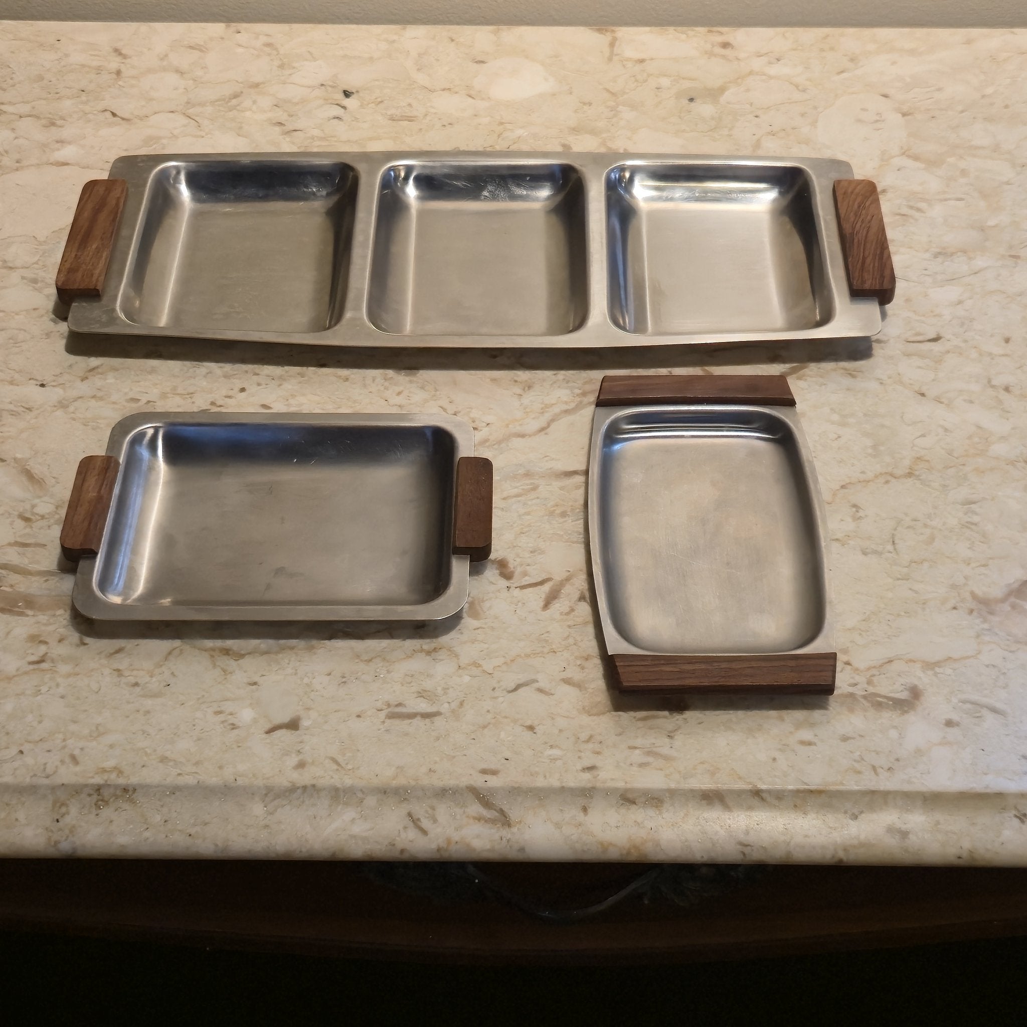 Japanese Steel + Wood Trays, Set of 3, vintage