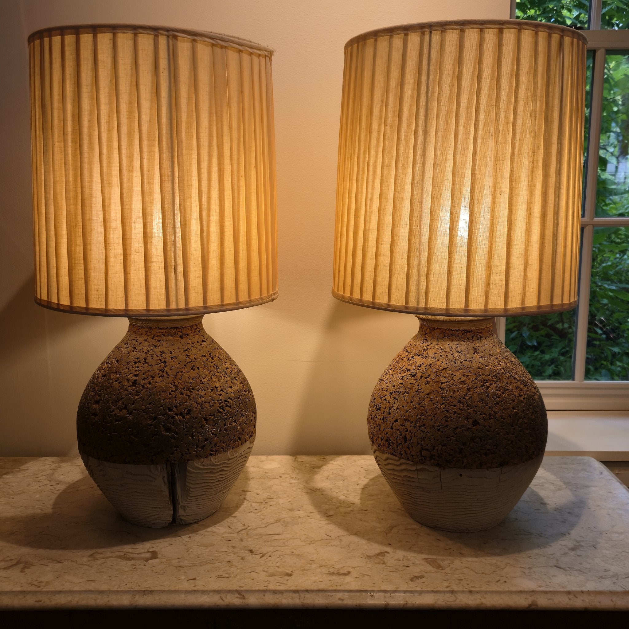 Cork + Wood Table Lamps, Pair, vintage