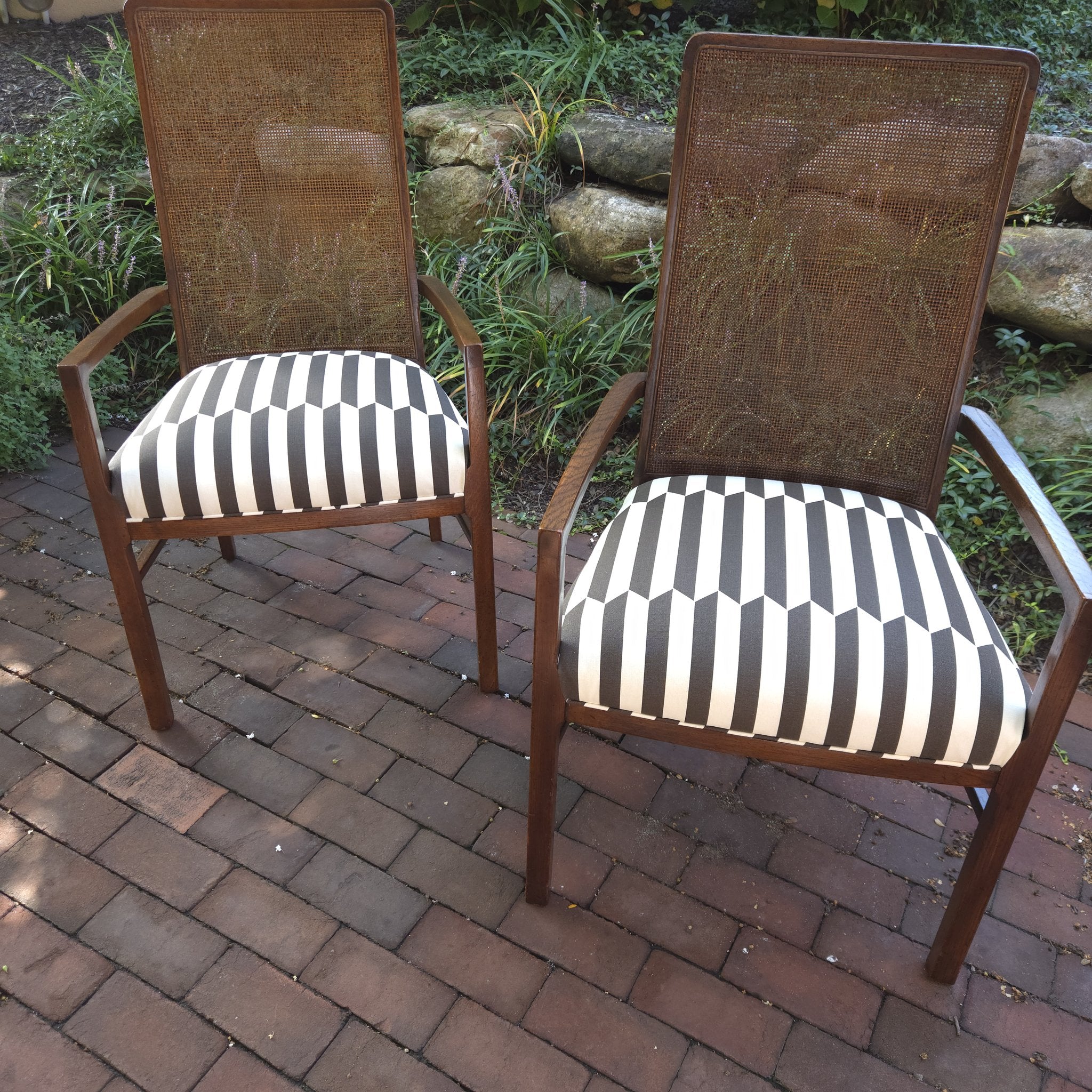 Cane-Back Armchairs, vintage pair, reupholstered