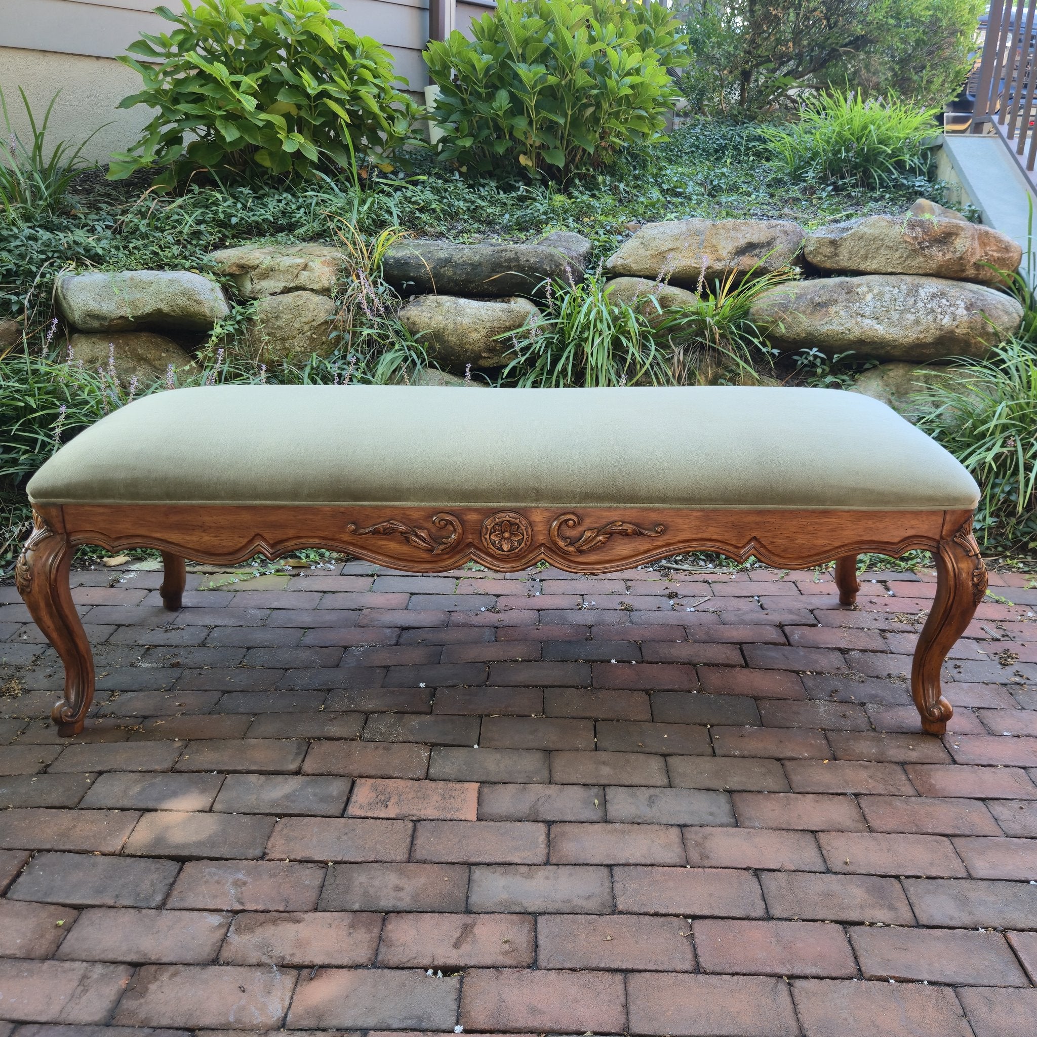 French Provincial Velvet Bench, vintage, reupholstered