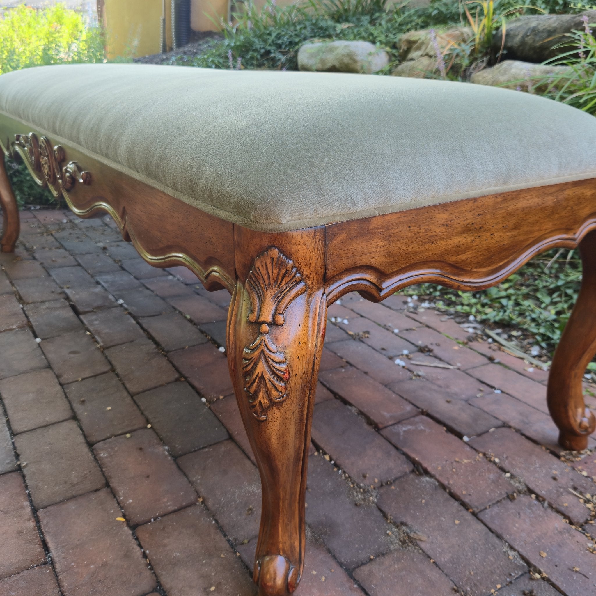 French Provincial Velvet Bench, vintage, reupholstered, view 2
